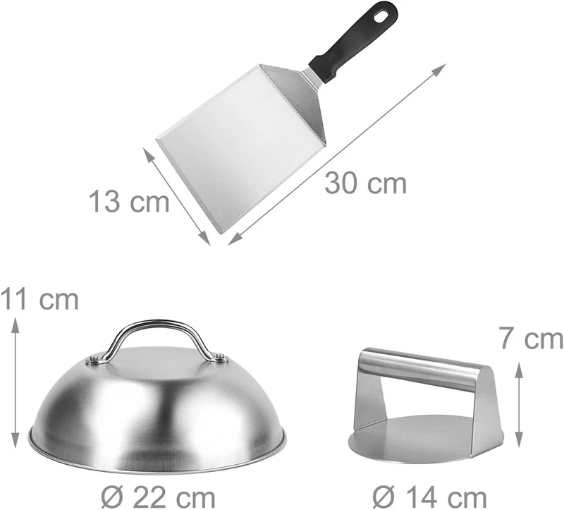 Lot de 3 accessoires pour hamburgers barbecue presse spatule cloche cuisson 7 x 22 x 14 cm en acier inoxydable noir 13_0018658