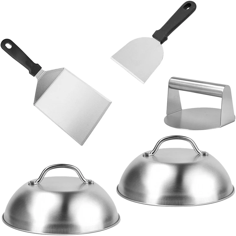 Lot de 5 accessoires pour hamburgers barbecue presse spatules cloches 7 x 14 cm en inox noir 13_0018657