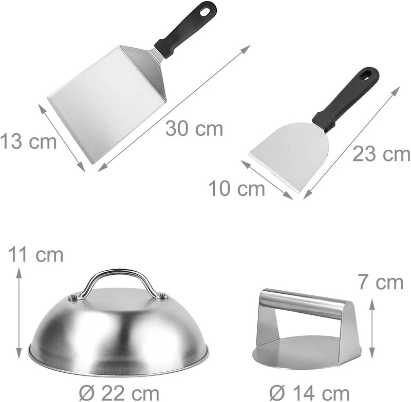 Lot de 5 accessoires pour hamburgers barbecue presse spatules cloches 7 x 14 cm en inox noir 13_0018657