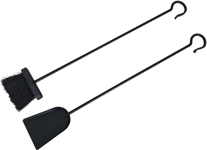 Lot de 2 outils de nettoyage cheminée balai à cendres 76 x 12 x 3,5 cm et pelle 76 x 11 x 4,5 cm en fer noir 13_0018710