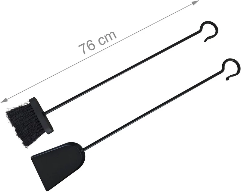 Lot de 2 outils de nettoyage cheminée balai à cendres 76 x 12 x 3,5 cm et pelle 76 x 11 x 4,5 cm en fer noir 13_0018710