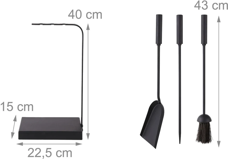 Lot de 4 outils de cheminée en métal noir moderne rangement pratique 49,5 x 22,5 x 15 cm en fer noir 13_0018708