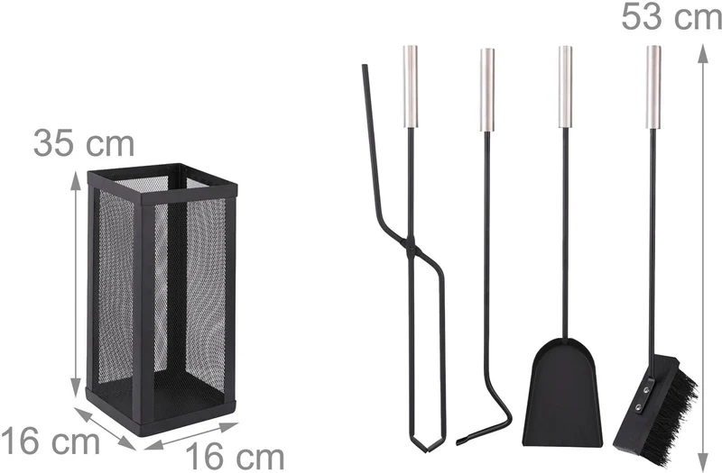 Ensemble 5 pièces accessoires cheminée rangement pratique 35 x 16 x 16 cm en fer noir 13_0018705