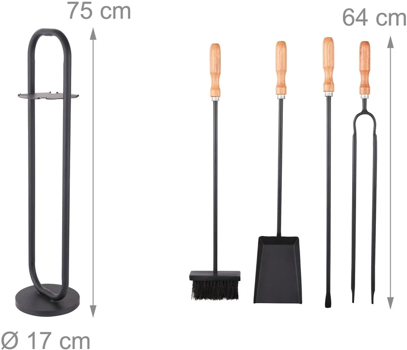 Kit 5 pièces accessoires de cheminée pratique rangement mural 75 x 17 cm en fer noir 13_0018704