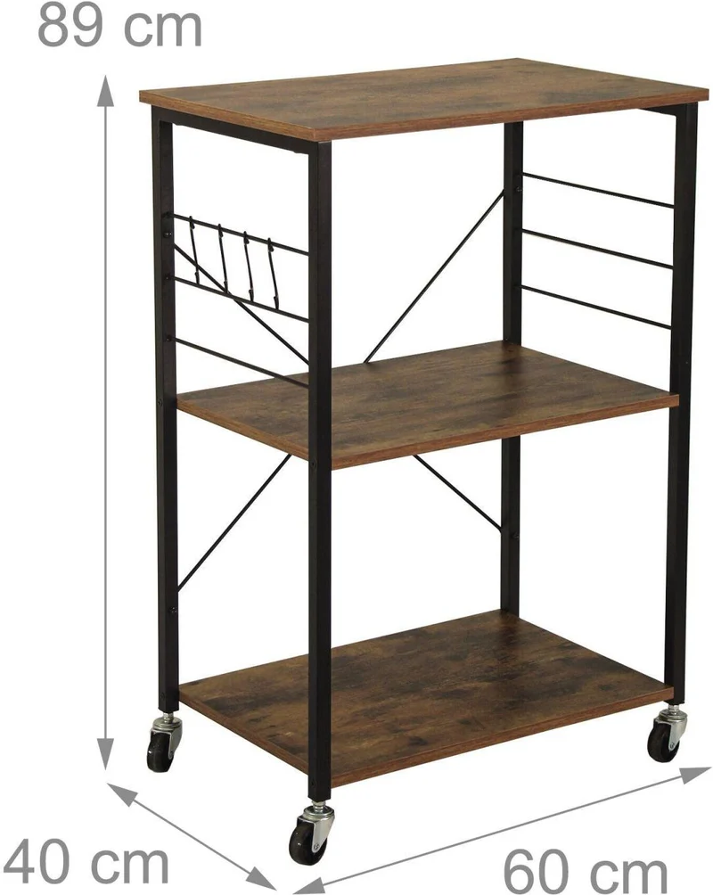 Chariot d'appoint industriel 89 x 60 x 40 cm avec roulettes et crochets pratiques en acier noir 13_0018723