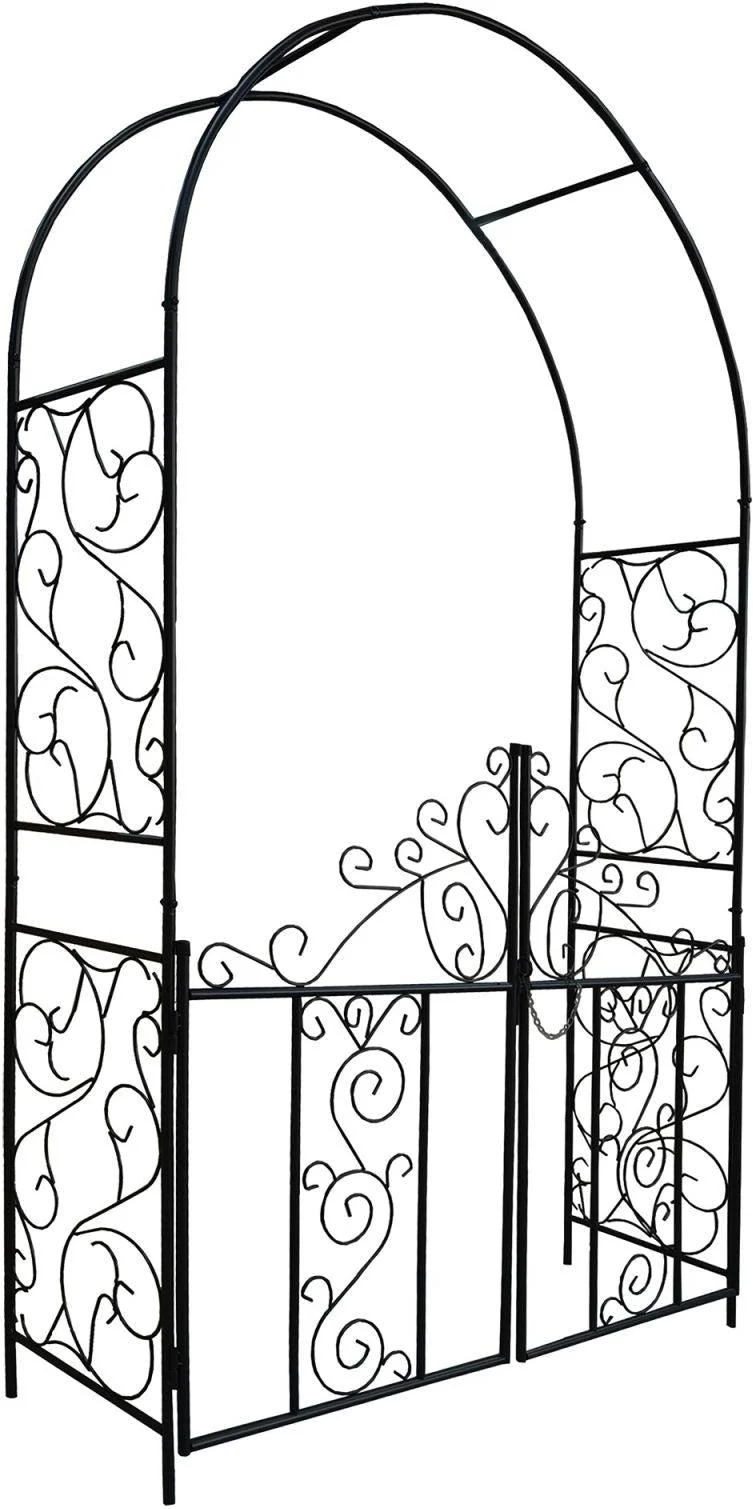 Arche de jardin élégante pour plantes grimpantes 230 x 130 x 38 cm avec double porte fonctionnelle en fer noir 13_0018815
