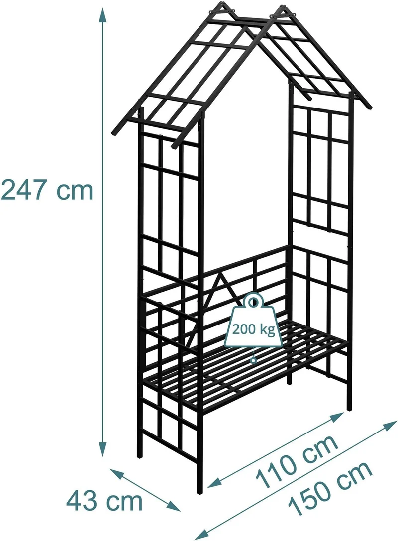 Arche de plantes grimpantes avec banc étagère 247 x 150 x 43 cm fonction 2 en 1 style moderne en fer noir 13_0018811