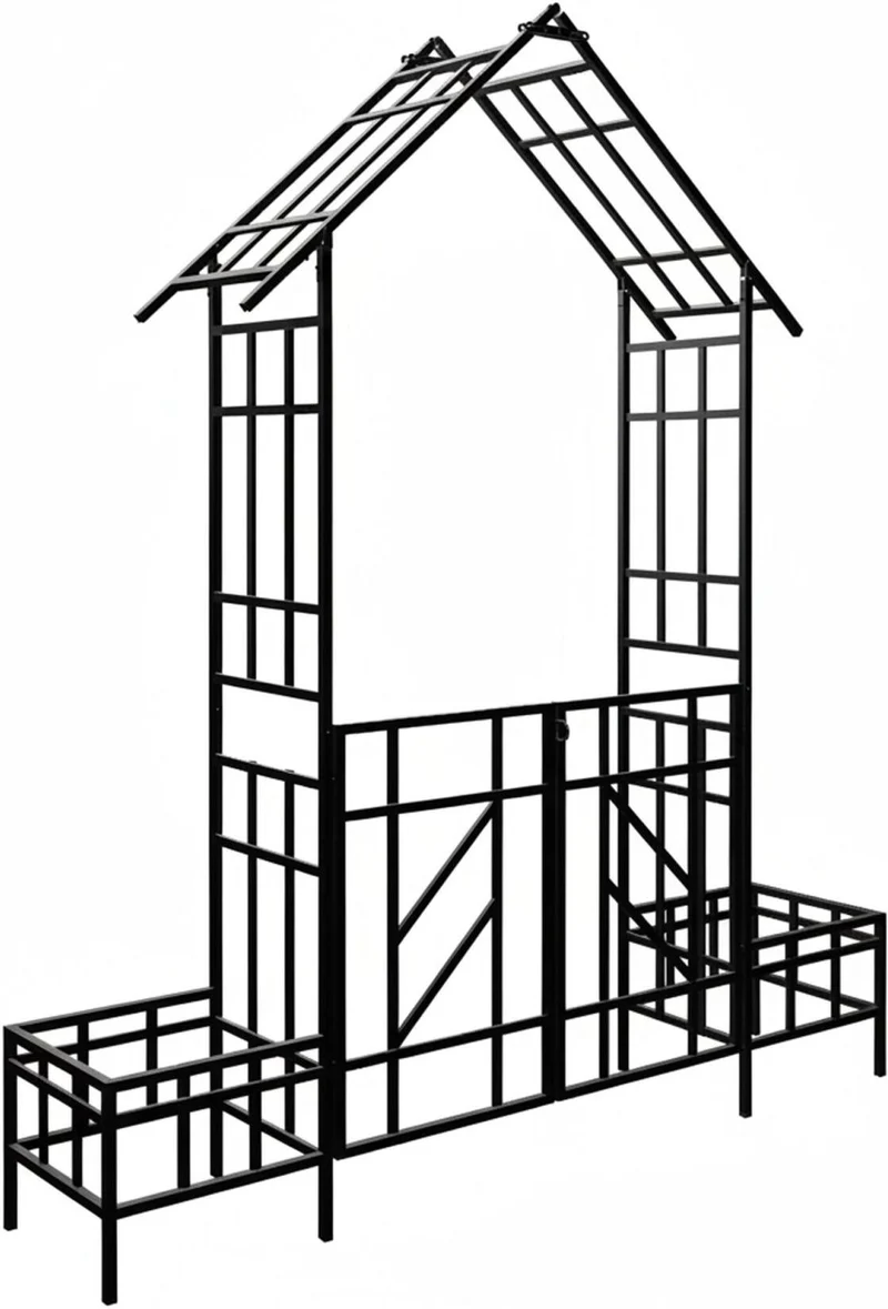 Arche de jardin en forme de maison 247 x 204 x 43 cm pour rosiers décorative et bordure en fer noir 13_0018810