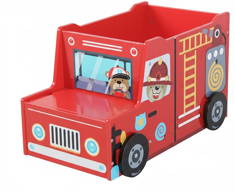 Coffre à jouets camion de pompiers pratique rangement 34 x 60 x 32 cm en MDF rouge 13_0018801