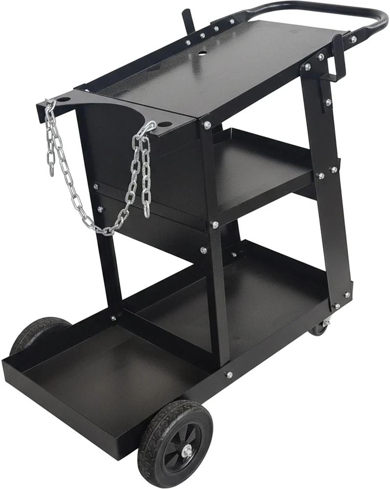 Chariot de soudage noir avec 3 plateaux pratiques et emplacement bouteilles gaz 83 x 37 x 70 cm en acier noir 13_0018800