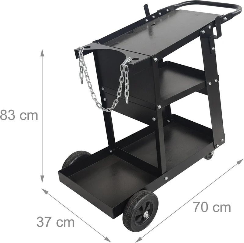 Chariot de soudage noir avec 3 plateaux pratiques et emplacement bouteilles gaz 83 x 37 x 70 cm en acier noir 13_0018800
