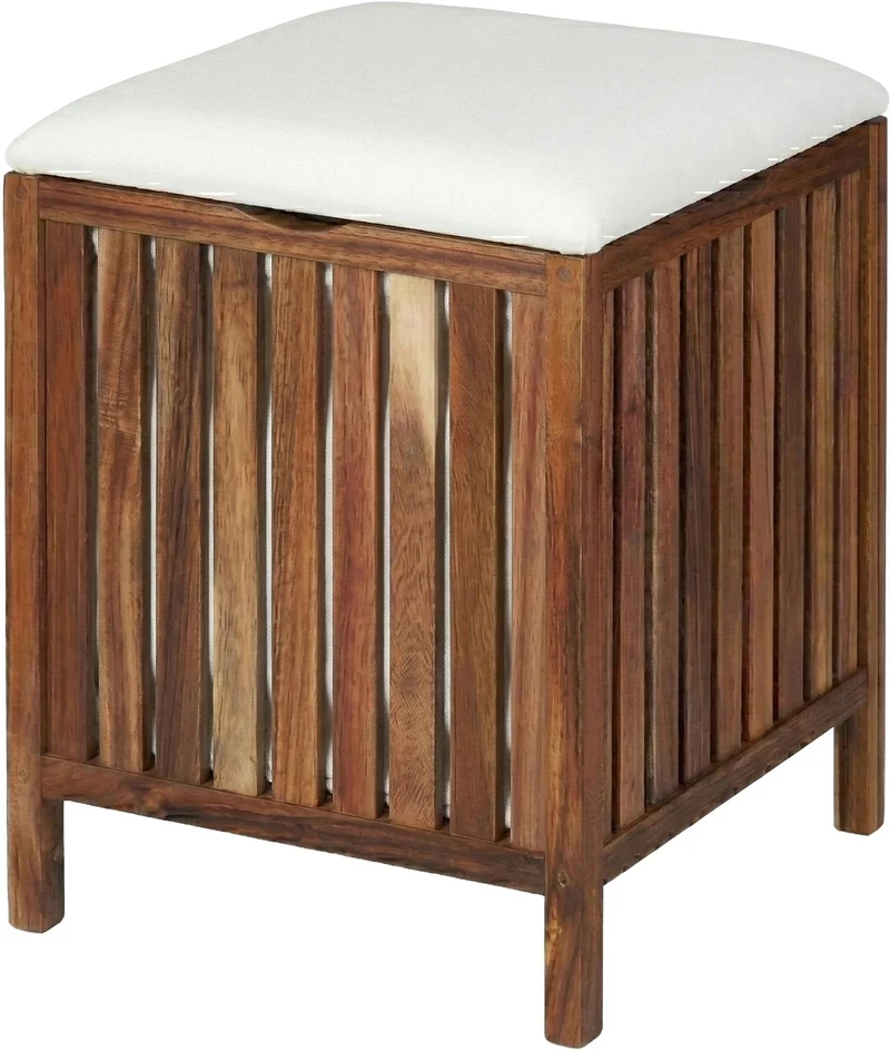 Coffre à linge avec siège 50 x 40 x 40 cm assise confortable design moderne salle de bain en acacia blanc 13_0018793