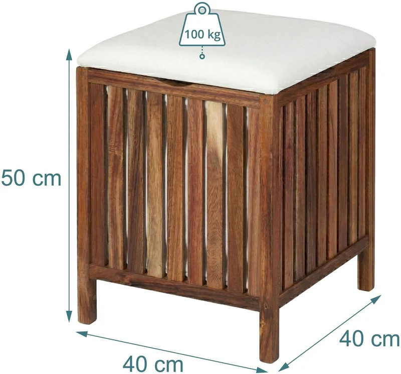 Coffre à linge avec siège 50 x 40 x 40 cm assise confortable design moderne salle de bain en acacia blanc 13_0018793