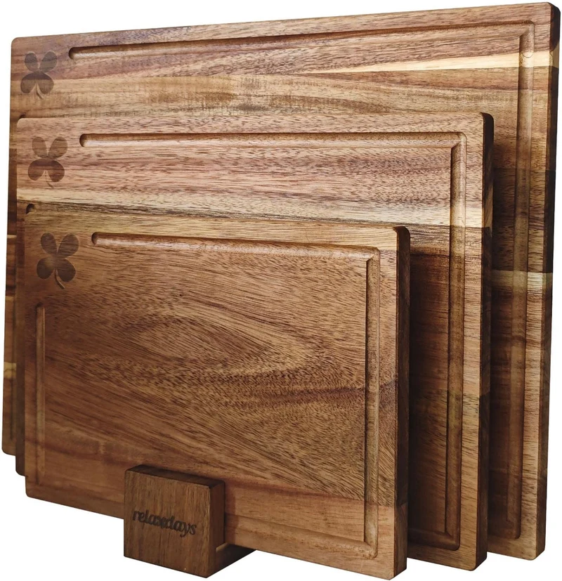 Lot de 3 planches à découper en bois d'acacia avec support antidérapant 40 x 30 cm en bois marron 13_0018789