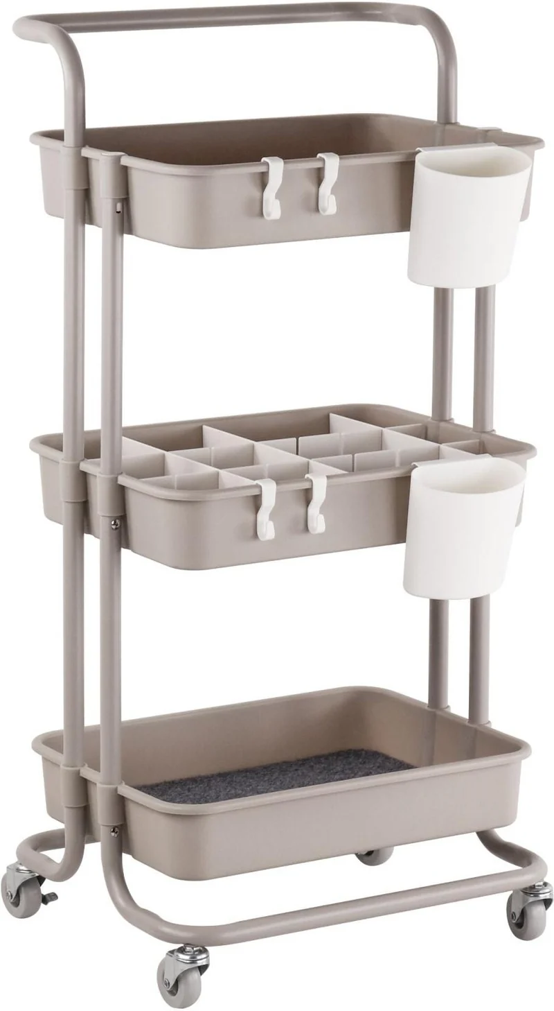 Chariot de service multifonction 86 x 43 x 42 cm avec roulettes pratiques rangement modulable en acier beige 13_0018781