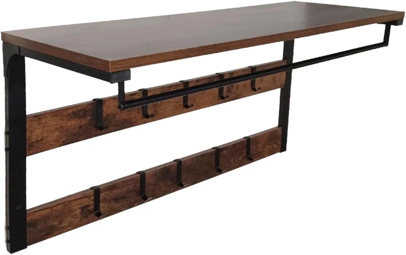 Porte-manteau mural avec étagère et 10 crochets pour couloir 42 x 80 x 30 cm en MDF noir 13_0018773
