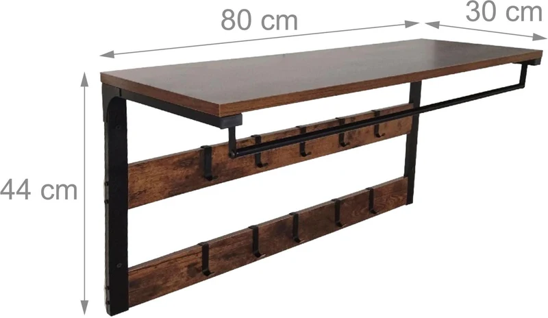Porte-manteau mural avec étagère et 10 crochets pour couloir 42 x 80 x 30 cm en MDF noir 13_0018773
