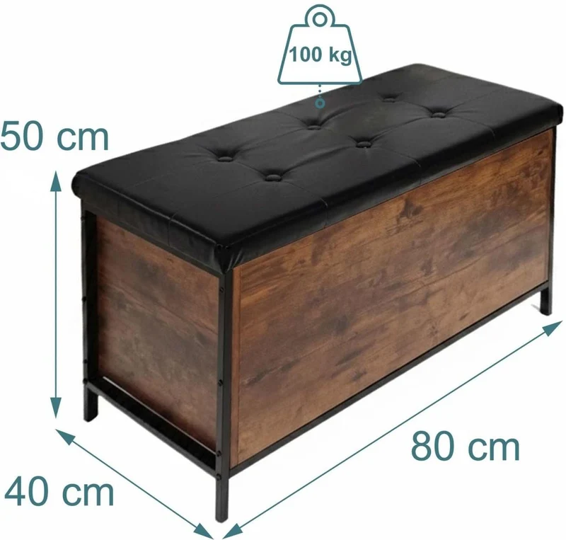 Banquette coffre style industriel polyvalente 80 x 40 x 50 cm avec rangement pratique ambiance moderne en similicuir noir 13_0018769