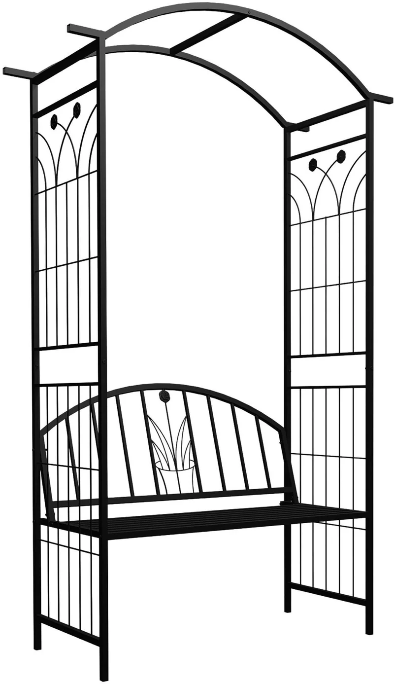 Arche à rosiers avec banc 210 x 134 x 48 cm ambiance cosy décoratif jardin en fer noir 13_0018827