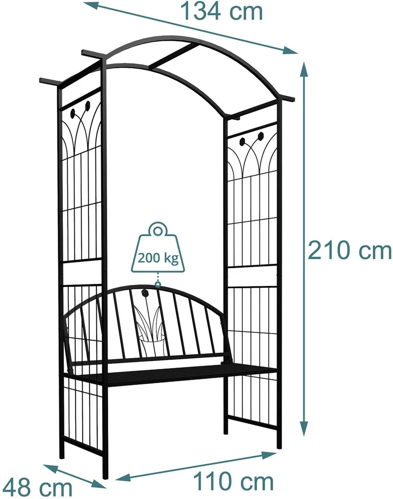 Arche à rosiers avec banc 210 x 134 x 48 cm ambiance cosy décoratif jardin en fer noir 13_0018827
