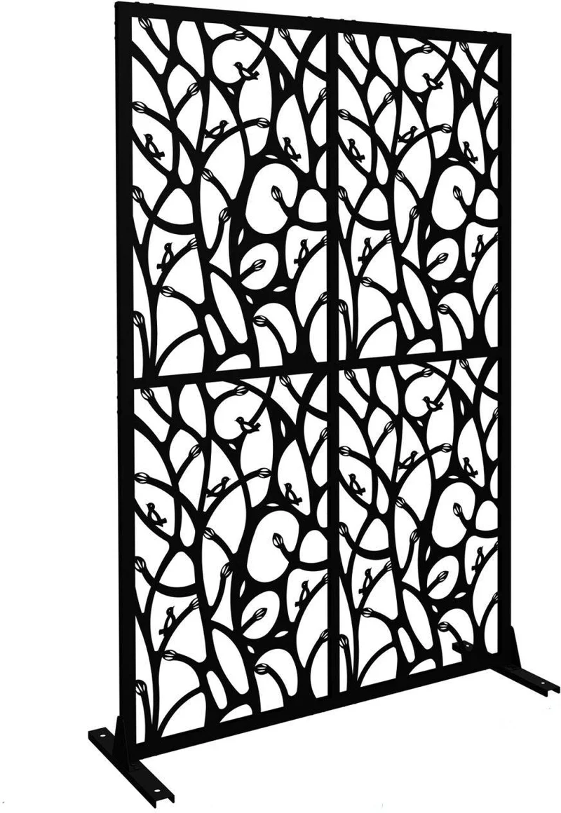Paravent décoratif brise-vue jardin terrasse 183 x 115 x 40 cm design avec motif d'oiseaux en fer noir 13_0018819