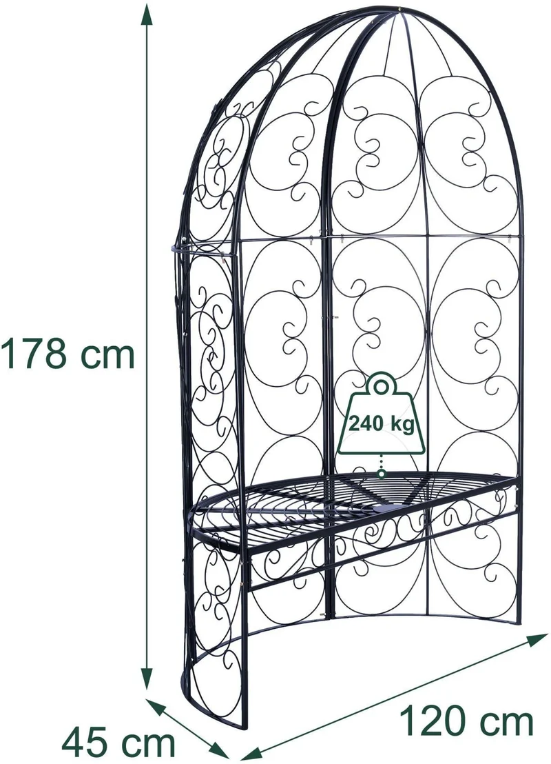 Banc de jardin avec arche à roses 178 x 120 x 58 cm coin romantique ombre agréable en acier noir 13_0018885