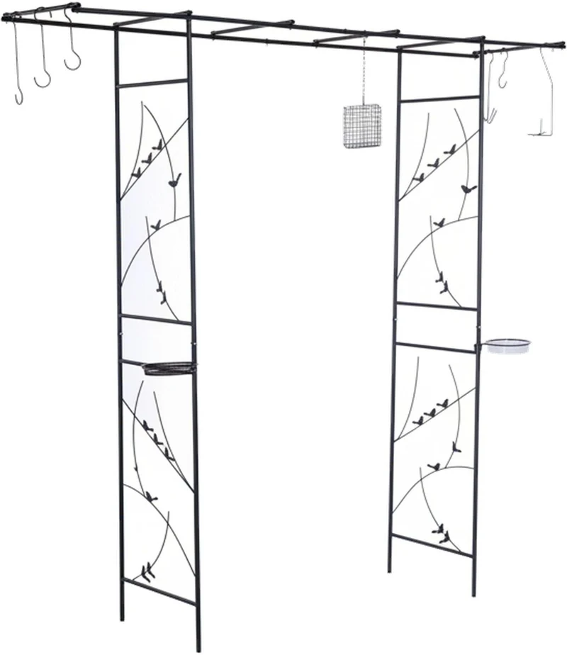 Arche décorative pour jardin avec mangeoires et abreuvoir 208 x 210 x 50 cm style ludique en acier noir 13_0018883