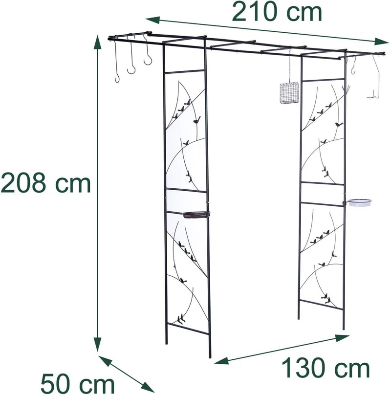 Arche décorative pour jardin avec mangeoires et abreuvoir 208 x 210 x 50 cm style ludique en acier noir 13_0018883