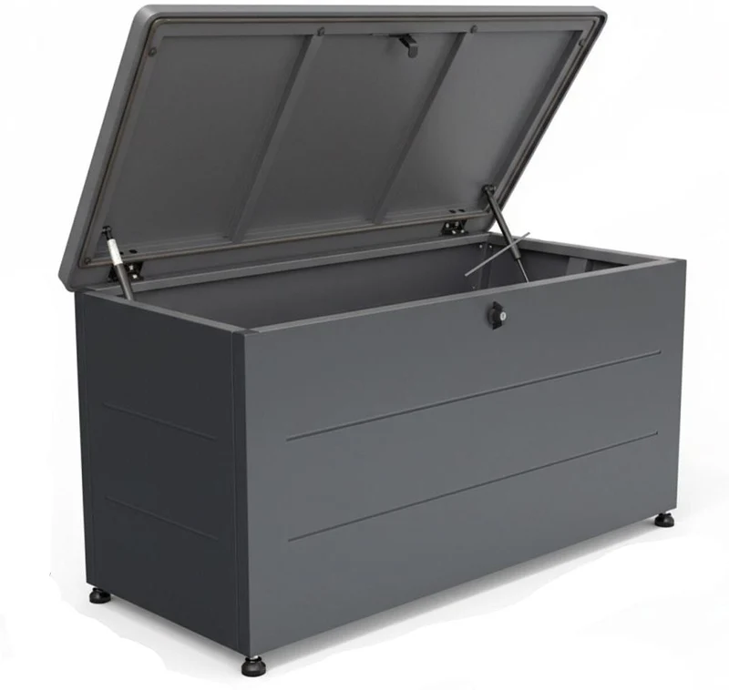 Coffre de jardin robuste extérieur 57,5-59 x 115 x 50 cm avec couvercle verrouillable design élégant en acier noir 13_0018864