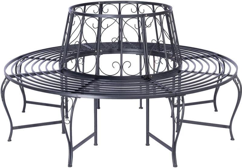 Banc d'arbre rond vintage romantique jardin 85 x 160 x 160 cm assise pour plusieurs personnes en acier noir 13_0018851