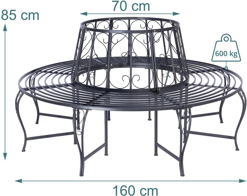 Banc d'arbre rond vintage romantique jardin 85 x 160 x 160 cm assise pour plusieurs personnes en acier noir 13_0018851