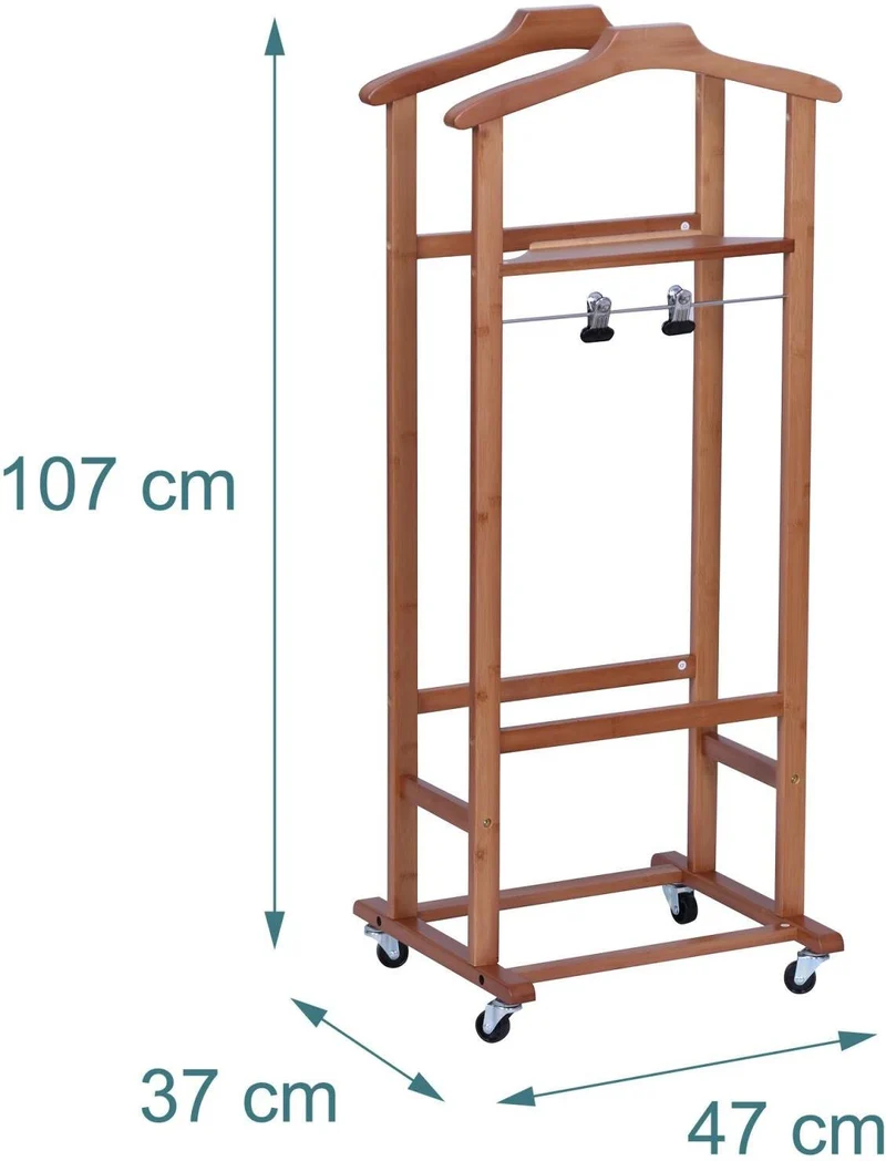 Valet de chambre mobile en 107 x 47 x 37 cm pratique moderne avec roulettes rangement élégant en bambou brun 13_0018849