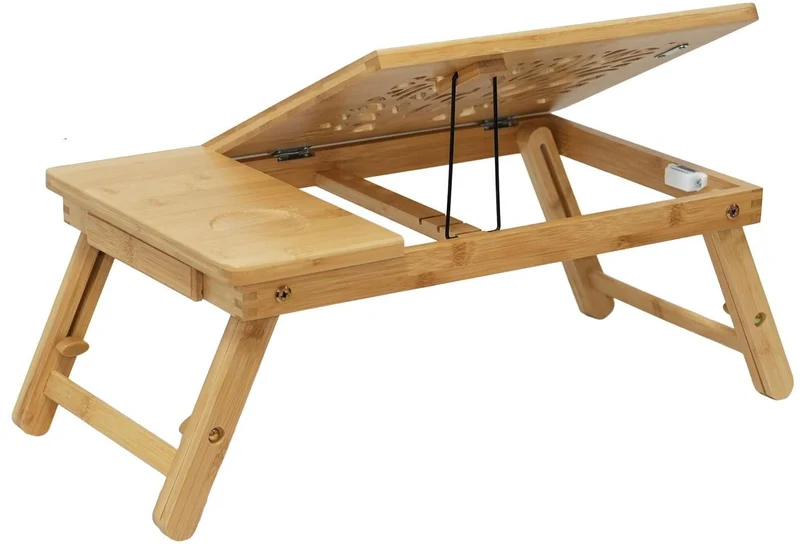 Support ordinateur portable ergonomique réglable 31 x 49,5 x 30 cm avec porte-gobelet style naturel en bambou bois naturel 13_0018840