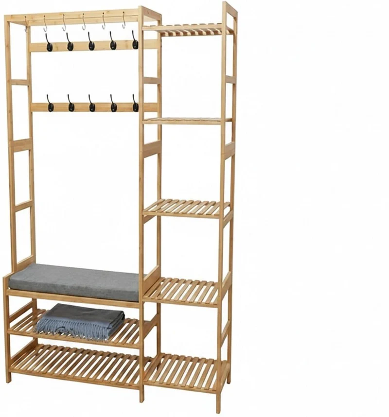 Porte-manteau banc avec crochets 175 x 104 x 33 cm grand rangement pour couloir style naturel en bambou beige 13_0018839