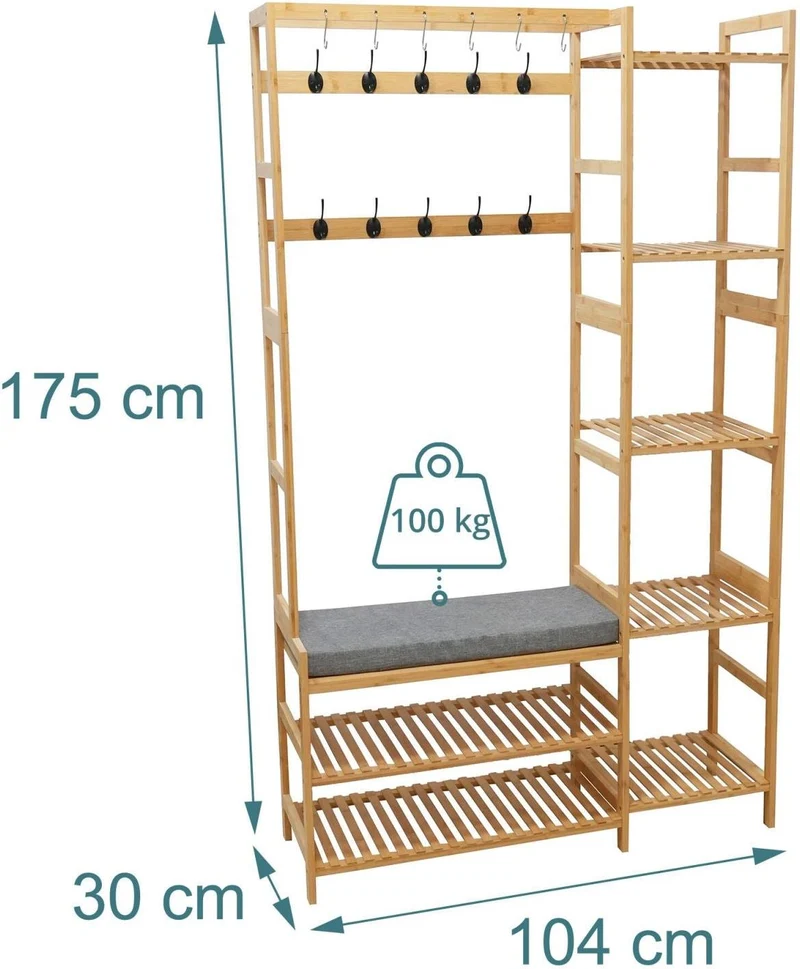Porte-manteau banc avec crochets 175 x 104 x 33 cm grand rangement pour couloir style naturel en bambou beige 13_0018839