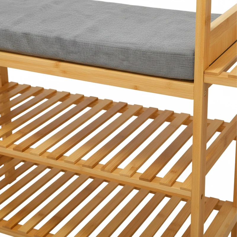 Porte-manteau banc avec crochets 175 x 104 x 33 cm grand rangement pour couloir style naturel en bambou beige 13_0018839