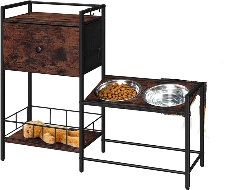 Station repas pour chiens surélevée avec rangement ergonomique 76 x 90 x 27 cm style industriel en MDF brun 13_0018835