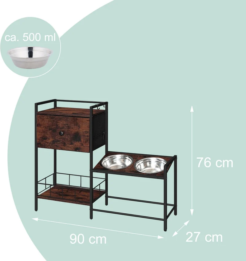 Station repas pour chiens surélevée avec rangement ergonomique 76 x 90 x 27 cm style industriel en MDF brun 13_0018835