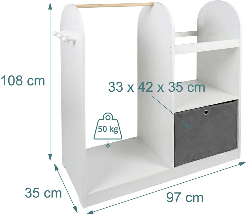Garde-robe enfant avec tringle étagère ouverte 108 x 97 x 35 cm ambiance moderne rangement pratique en MDF blanc 13_0018830