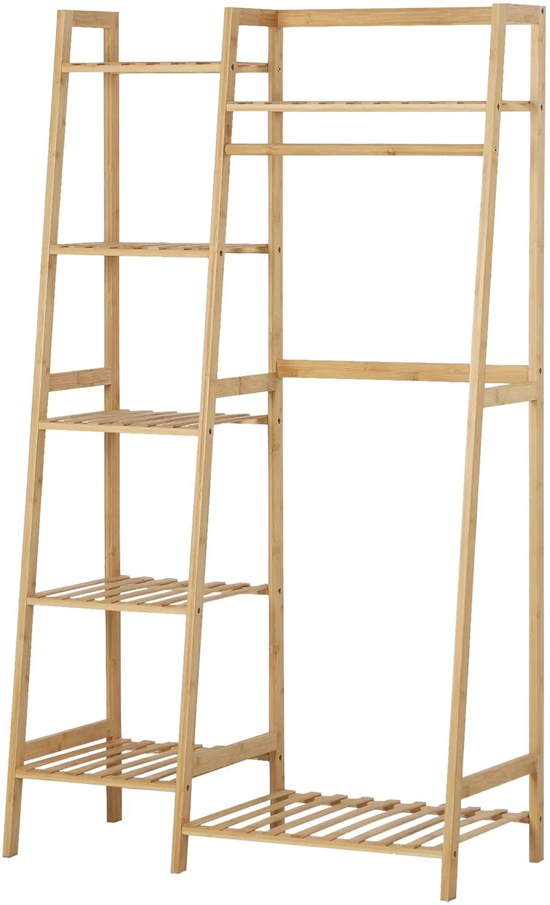 Porte-vêtements sur pied avec 7 étagères pour couloir chambre 140 x 80,5 x 38,5 cm en bambou bois naturel 13_0018929