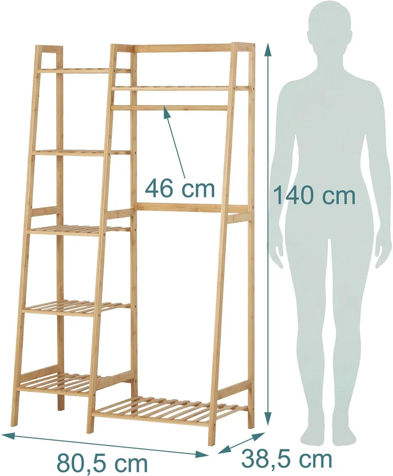 Porte-vêtements sur pied avec 7 étagères pour couloir chambre 140 x 80,5 x 38,5 cm en bambou bois naturel 13_0018929