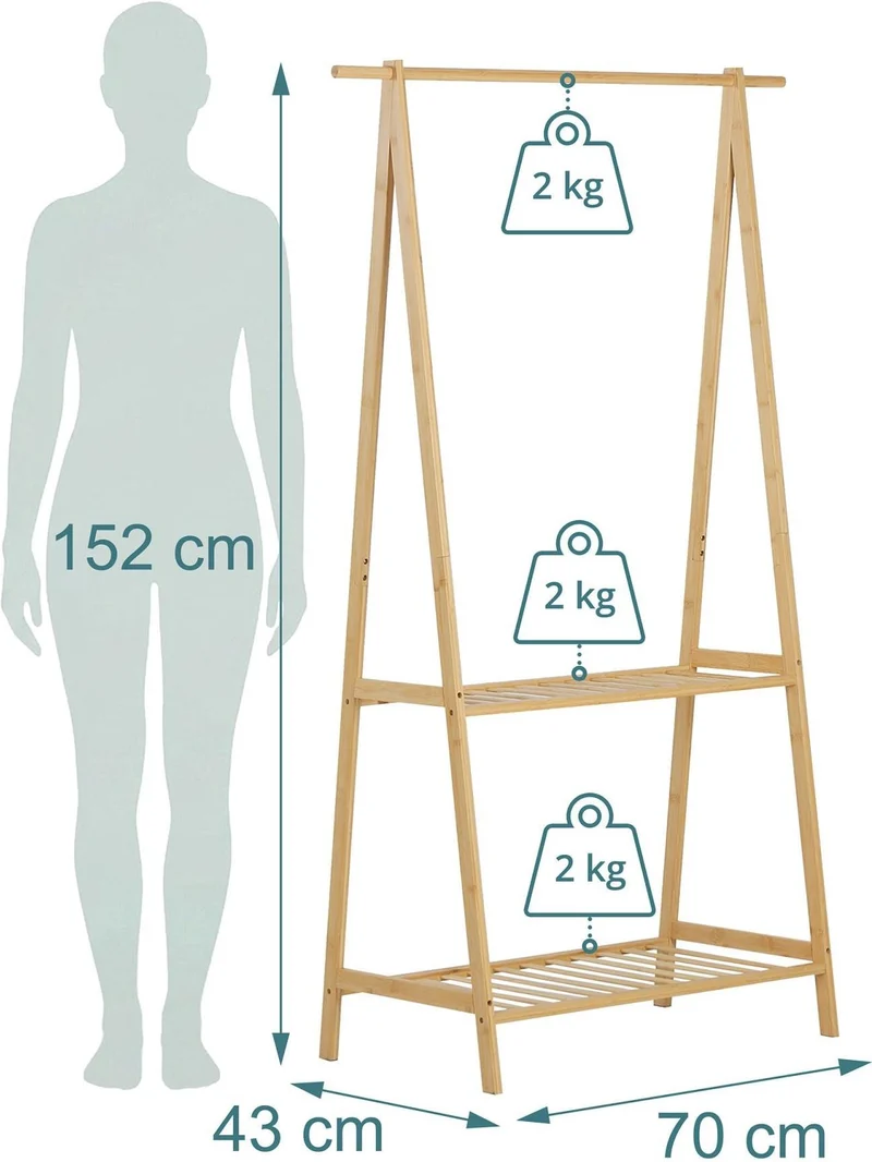 Porte-manteau sur pied avec 2 étagères pratique couloir chambre 152 x 70 x 43 cm en bambou naturel 13_0018927