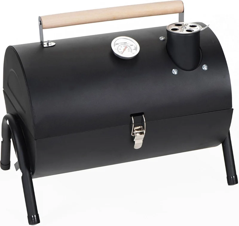 Gril de camping compact avec thermomètre et cheminée 35 x 41 x 29 cm cuisson directe en acier noir 13_0018913