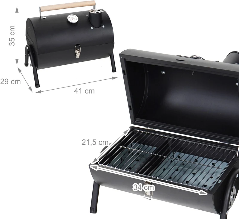 Gril de camping compact avec thermomètre et cheminée 35 x 41 x 29 cm cuisson directe en acier noir 13_0018913
