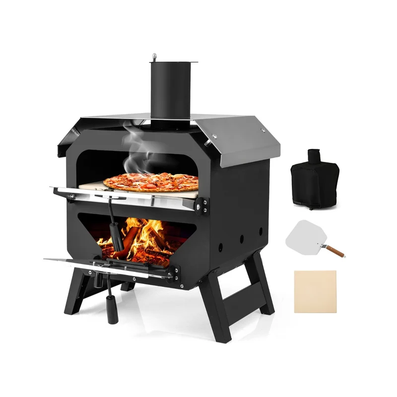 Four à pizza d'extérieur portable 45 x 43 x 61 cm avec housse imperméable fonctionnel design en acier inoxydable noir 20_0012130