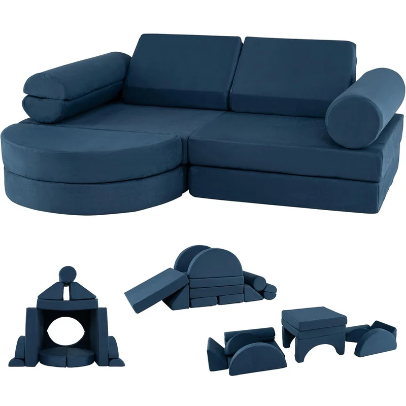 Canapé modulaire 14 pièces pour tout-petit 145 x 71 x 46 cm design convertible ambiance cosy en velours bleu foncé 20_0011021