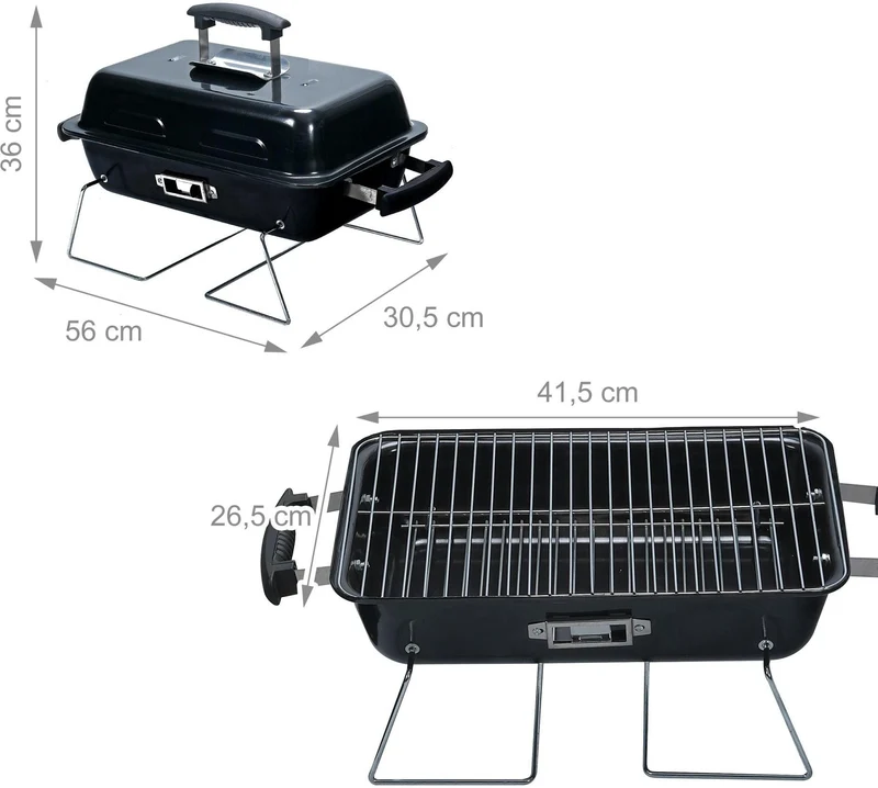 Gril de table pliant compact barbecue extérieur 36 x 56 x 30,5 cm usage pratique transport facile en acier noir 13_0018908