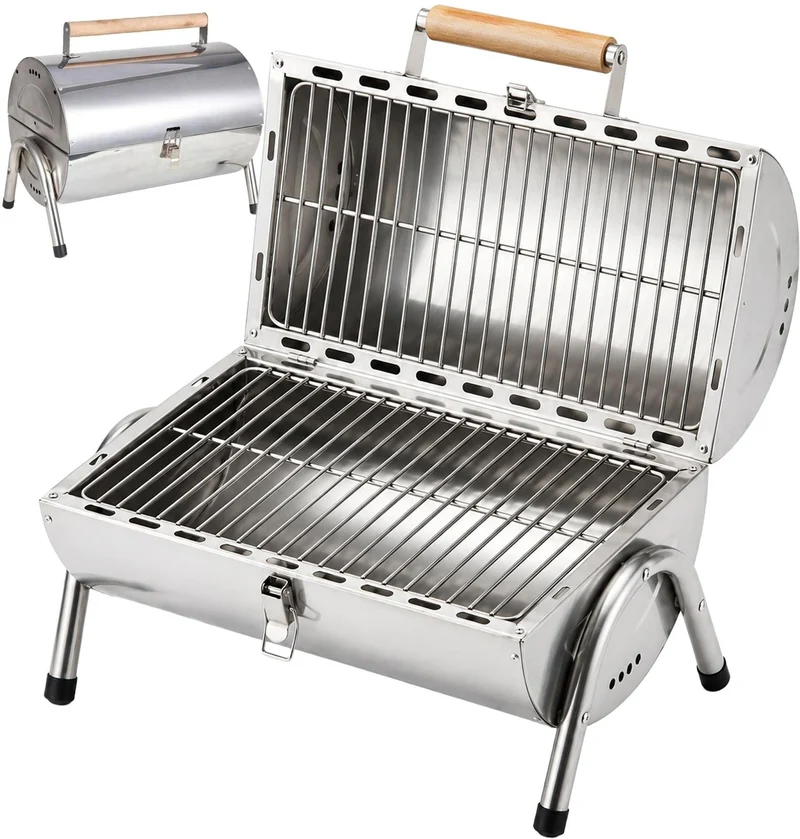 Gril de table pliable compact pour barbecue extérieur 35 x 41,5 x 24,5 cm avec surfaces de cuisson en acier inoxydable argenté 13_0018905