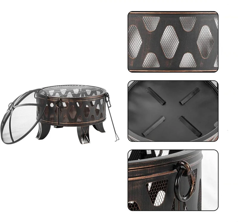 Brasero de jardin avec pare-étincelles 58 x 66 cm multifonctionnel style rustique ambiance conviviale en acier noir 13_0018900