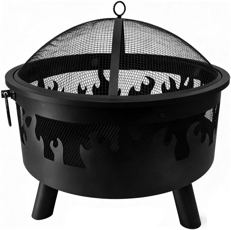 Brasero de jardin avec pare-étincelles 62 x 66 cm ambiance cosy motif flammes style moderne en acier noir 13_0018899